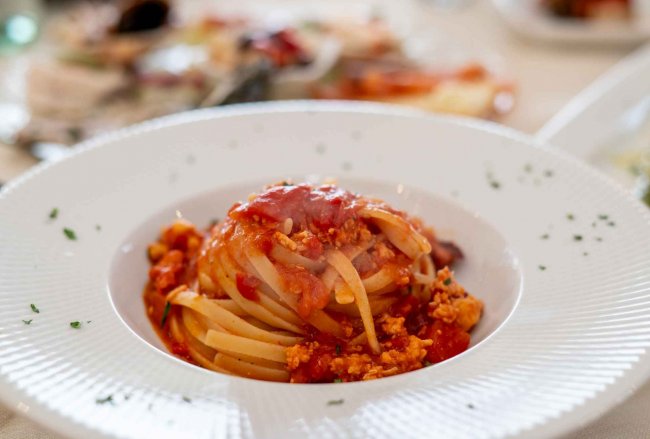 Piatto di pasta al sugo.