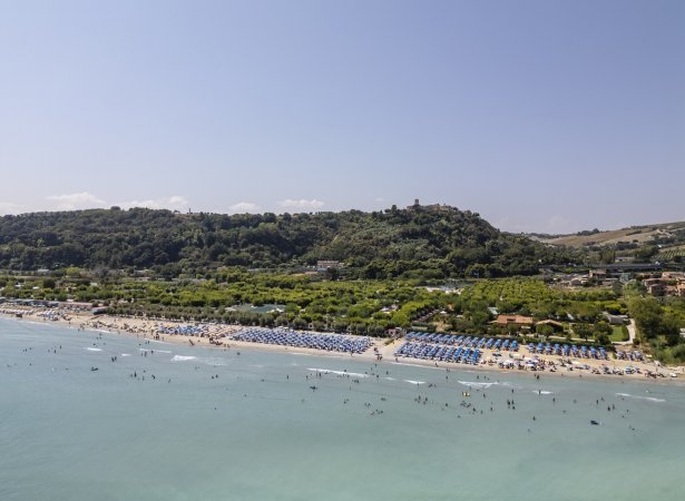 Spiaggia affollata vista dall'alto con vegetazione.