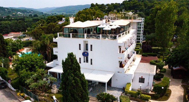 Vista aerea di un hotel circondato dal verde.