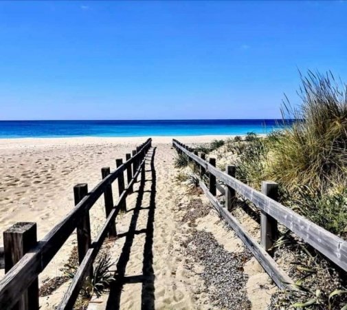 Una passerella di legno conduce a una spiaggia con sabbia e mare azzurro.